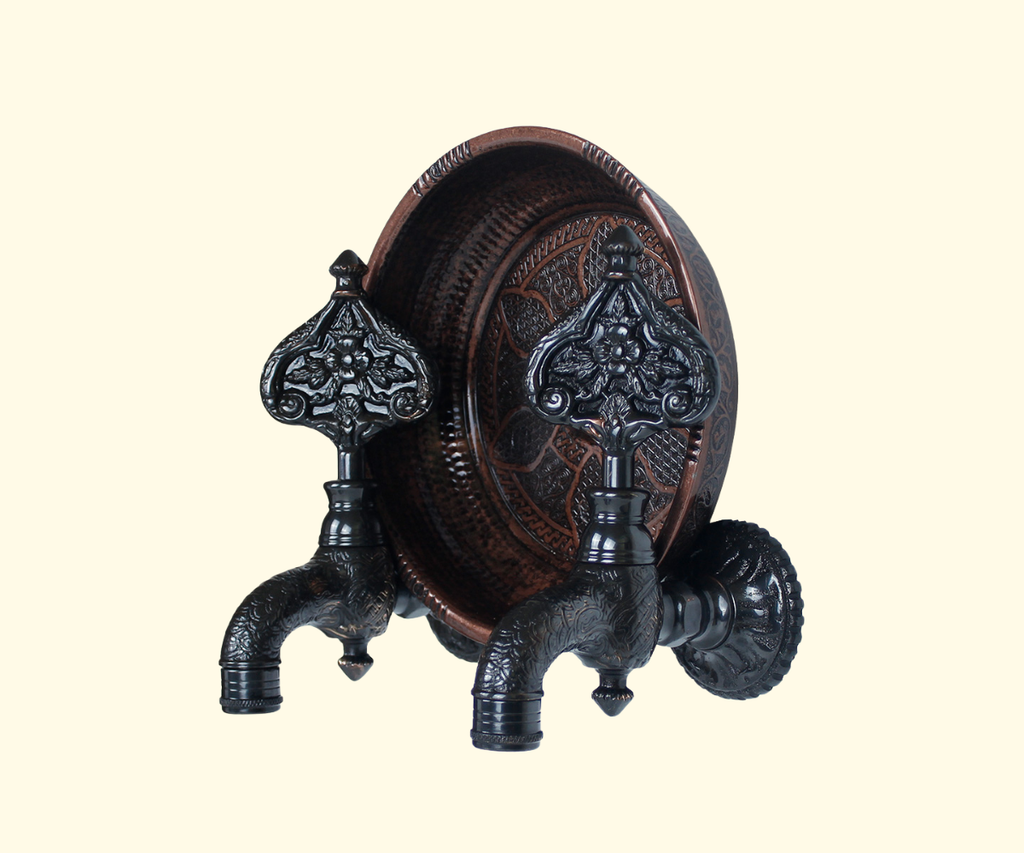 Double Ottoman Hamam Taps with Bath Bowl cover by black