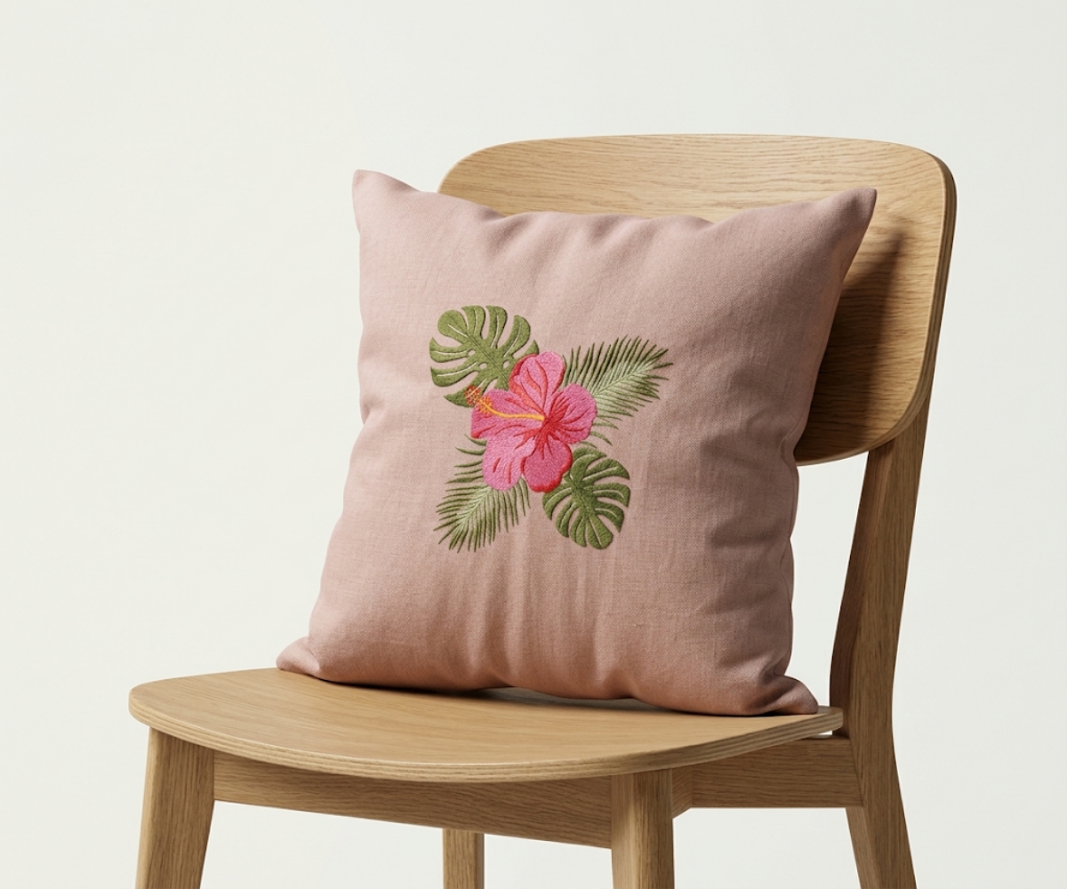 Hibiskus Nakışlı Kutnu Yastık | El Dokuması Geleneğinden Modern Bir Dokunuş